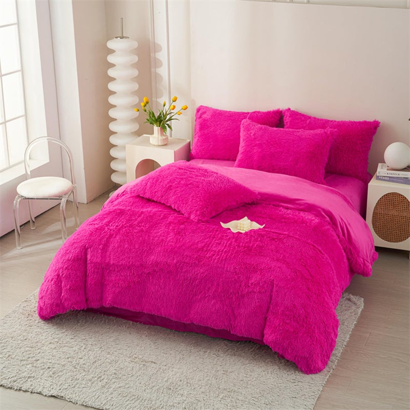 MorroMorn 5 PCS Shaggy Duvet Cover Bedding Set - Fluffy Comforter Cover Long Faux Fur Luxury Ultra Soft Cozy (Hot Pink, Full/Queen) - Image 2